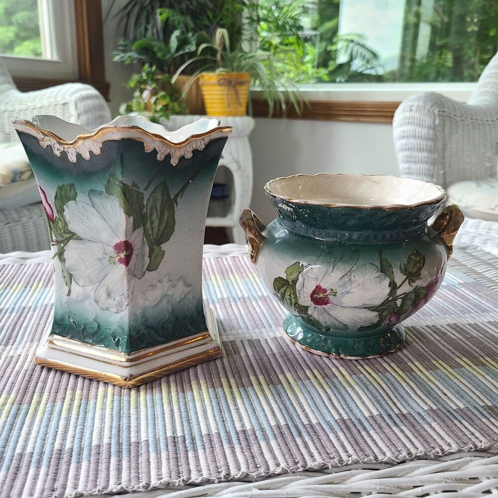 W.P. La Belle China Antique Hand Painted Porcelain Vase & Jardiniere Planter Set